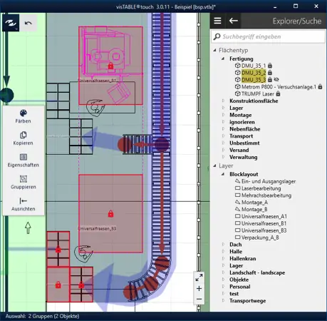 Screenshot Wegenetz für Transportmittel in der Software visTABLE